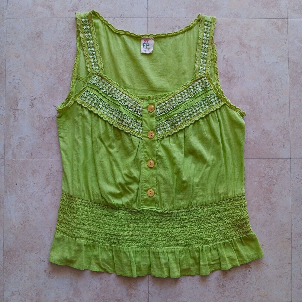 Vintage Free People Women's Size 4 Boho Top Embroidered Accent Scallop Neckline